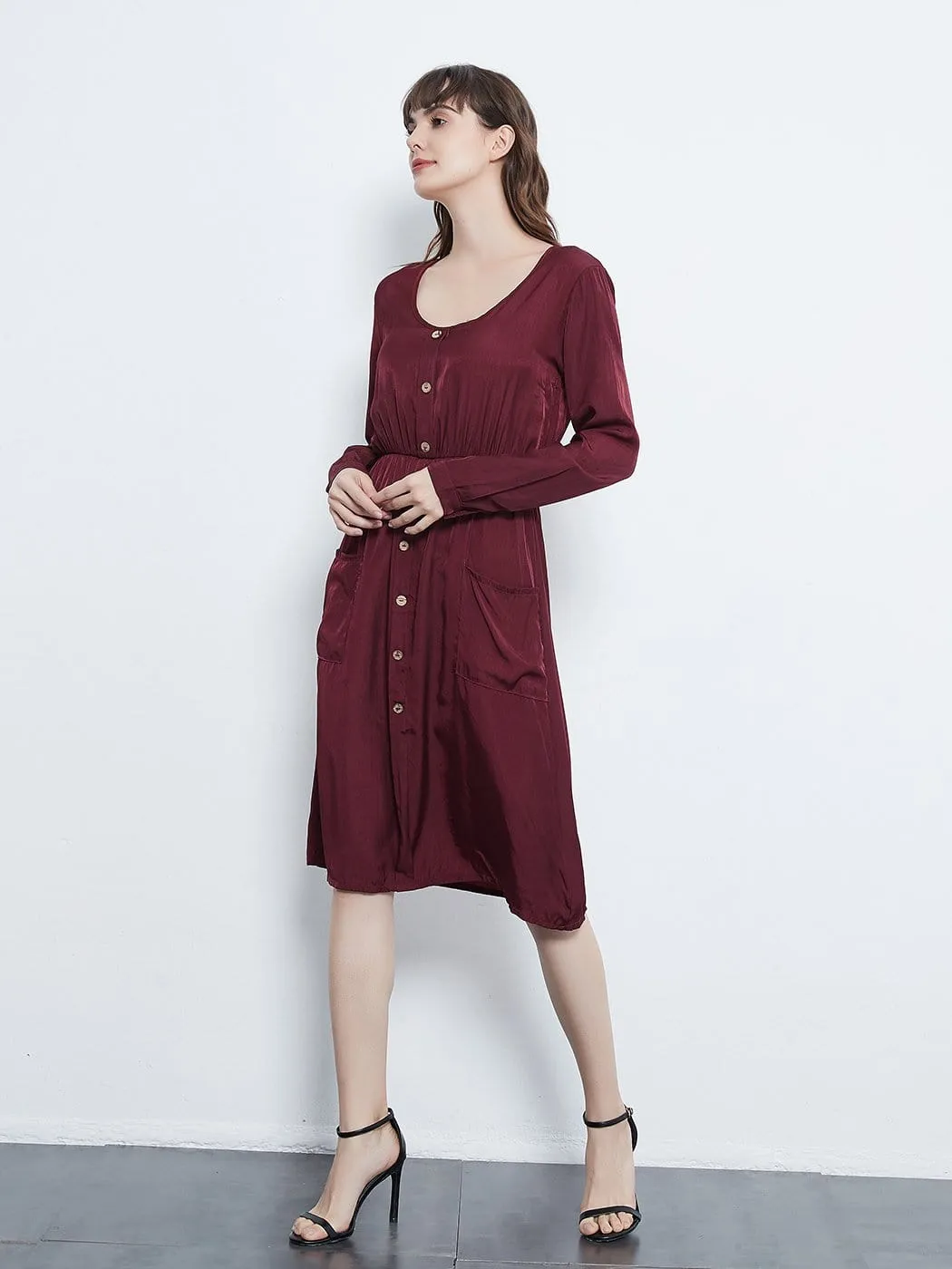 Long Sleeve Round Neck Button Dress With Pockets