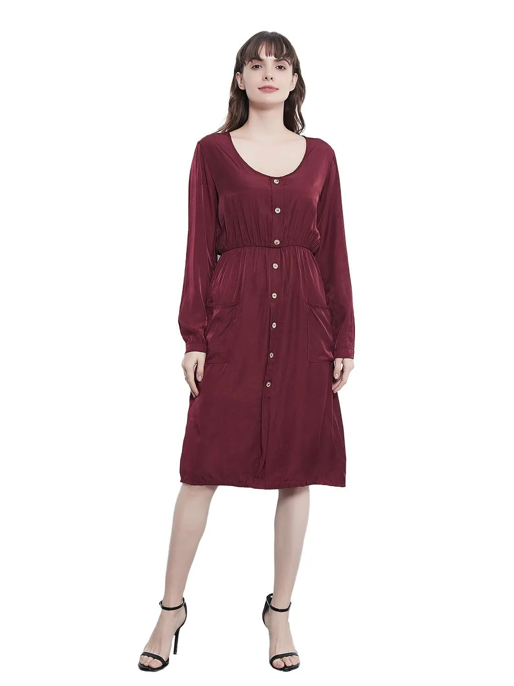 Long Sleeve Round Neck Button Dress With Pockets