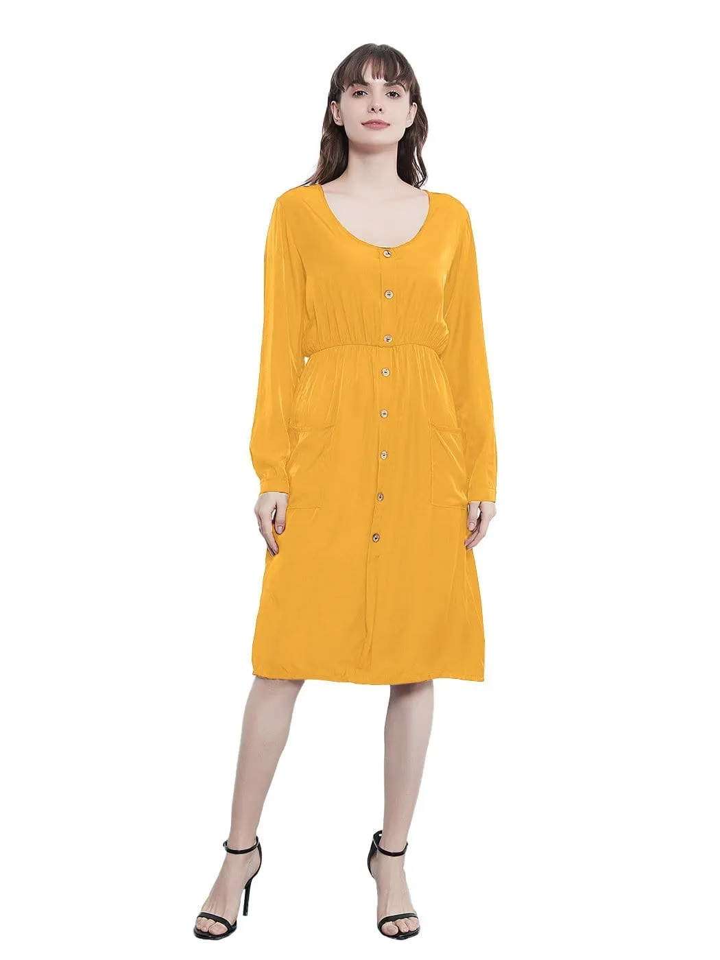 Long Sleeve Round Neck Button Dress With Pockets