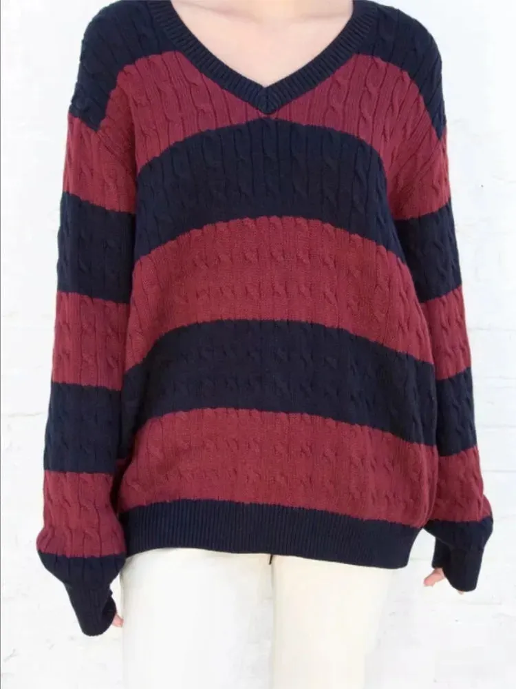 Long V Neck Striped Sweater,