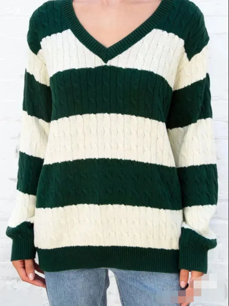 Long V Neck Striped Sweater,