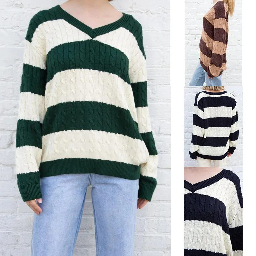 Long V Neck Striped Sweater,