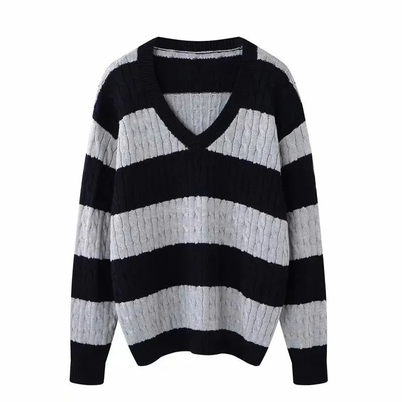 Long V Neck Striped Sweater,