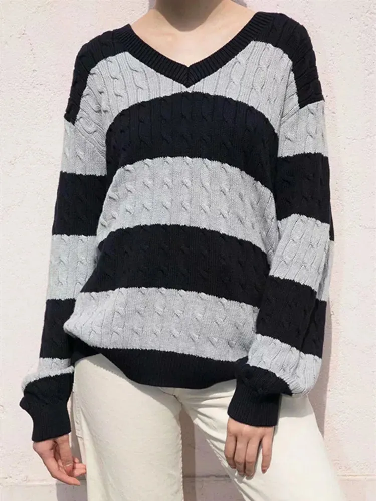 Long V Neck Striped Sweater,