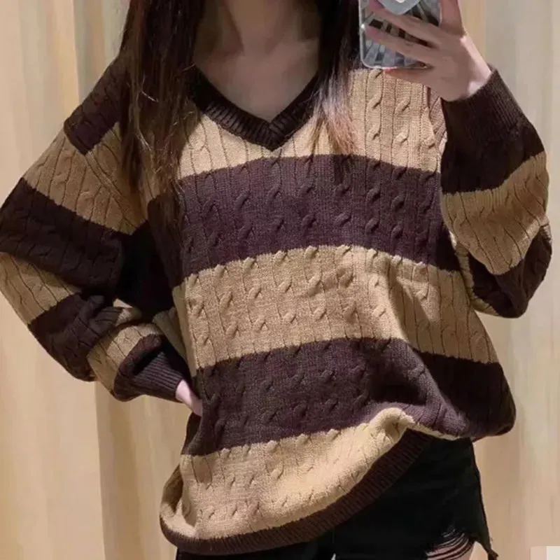 Long V Neck Striped Sweater,