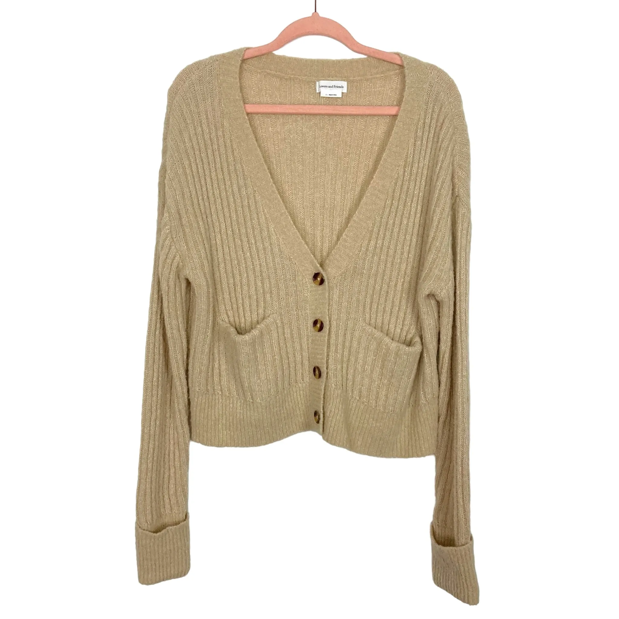 Lovers   Friends Tan Ribbed Wool Blend Sweater Cardigan- Size S