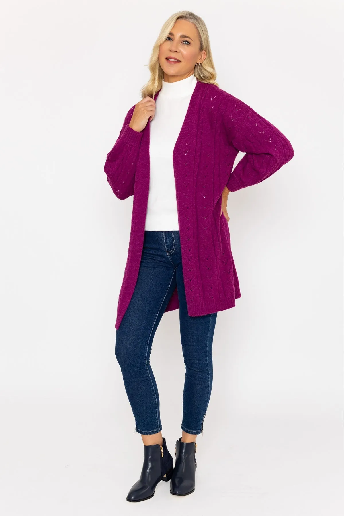 Magenta Pink Longline Pointelle Cardigan