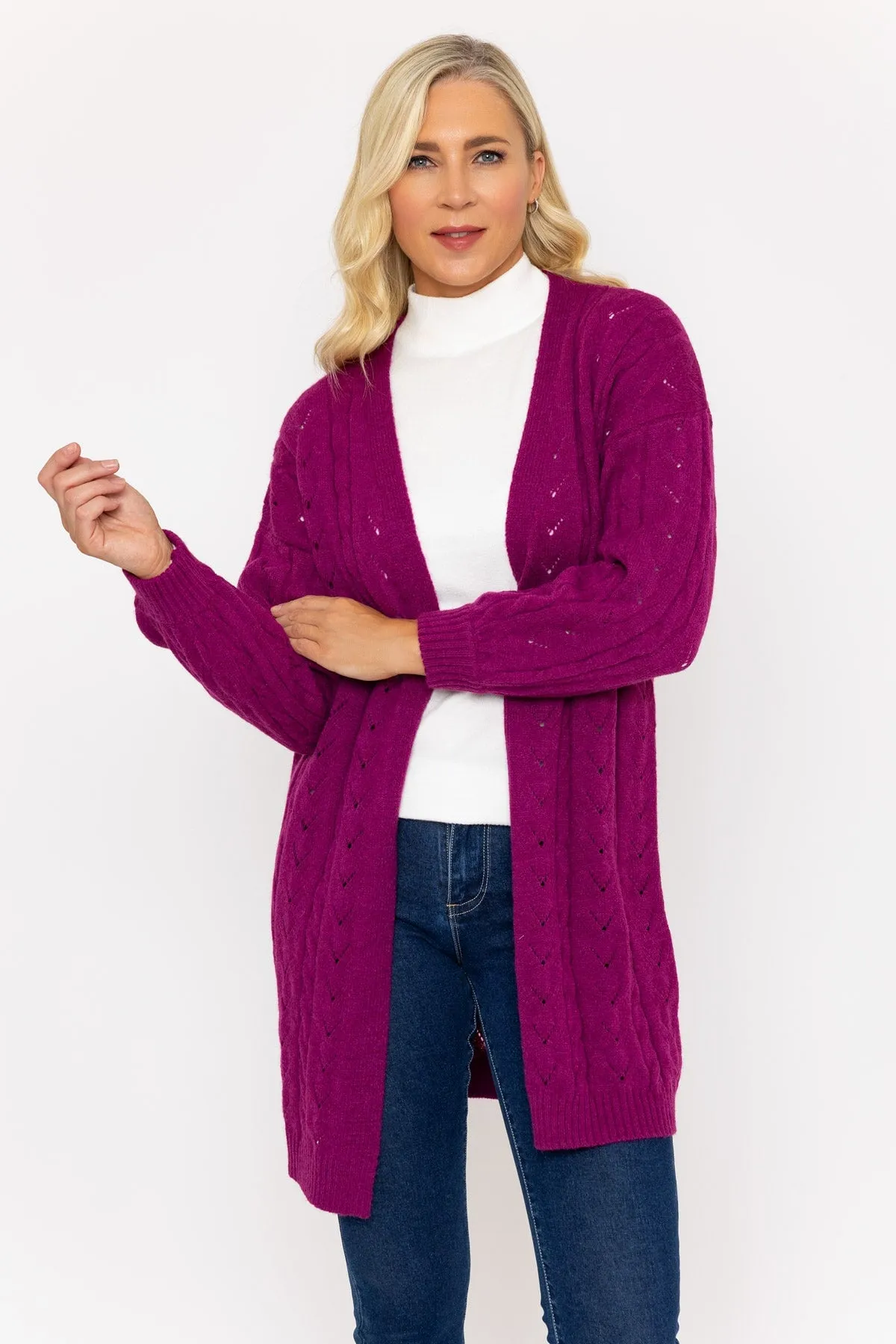 Magenta Pink Longline Pointelle Cardigan