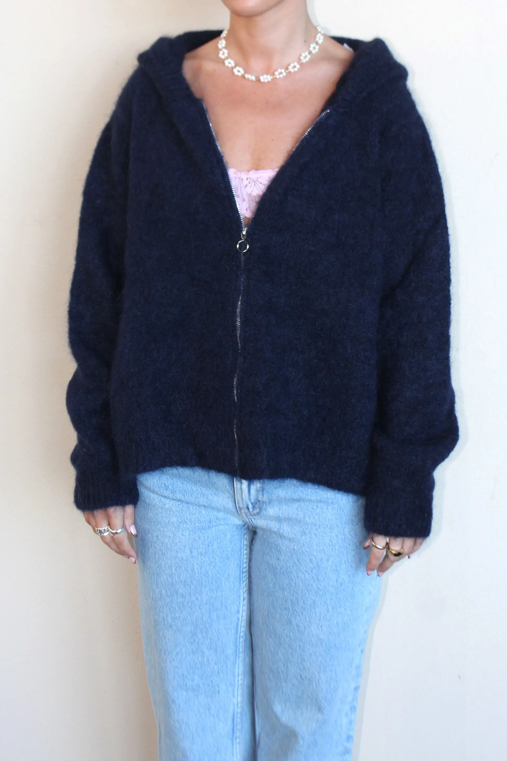 MAISON ANJE Womens Lenebula Kid Mohair Hooded Zip Cardigan Navy