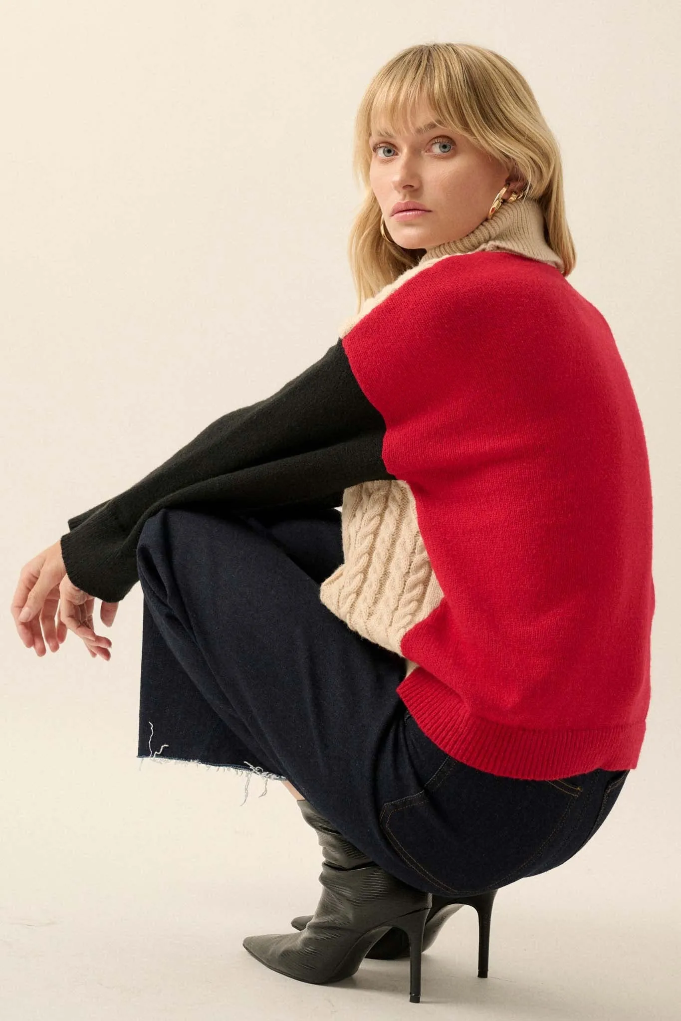 Me Time Colorblock Cable Knit Turtleneck Sweater