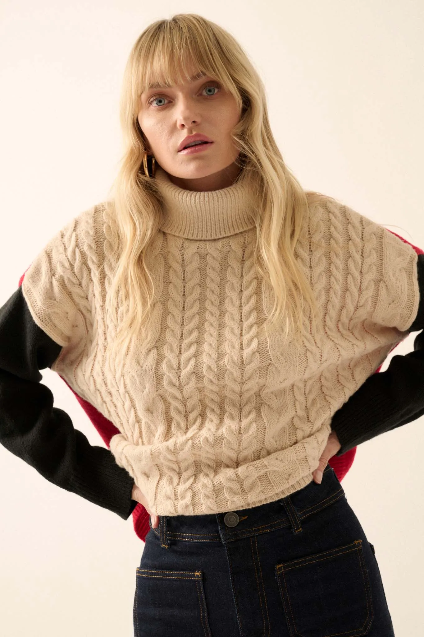 Me Time Colorblock Cable Knit Turtleneck Sweater