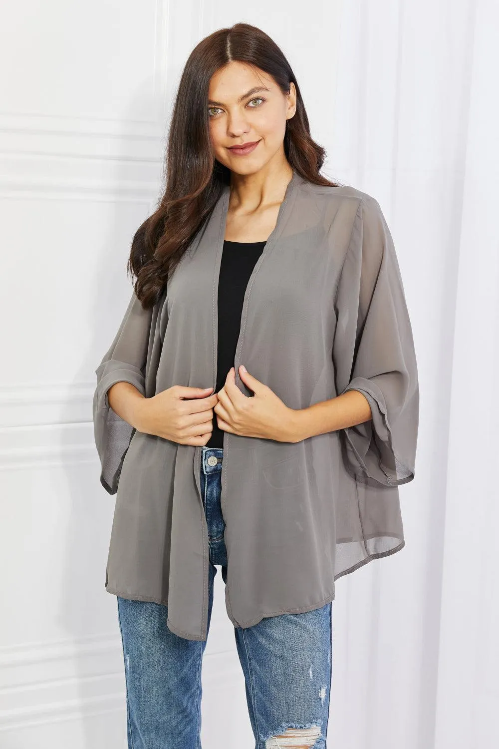 Melody Just Breathe Full Size Chiffon Kimono in Grey