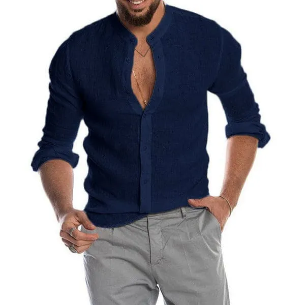 Men Stand Neck Linen Cardigan Shirt