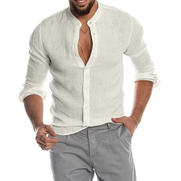 Men Stand Neck Linen Cardigan Shirt