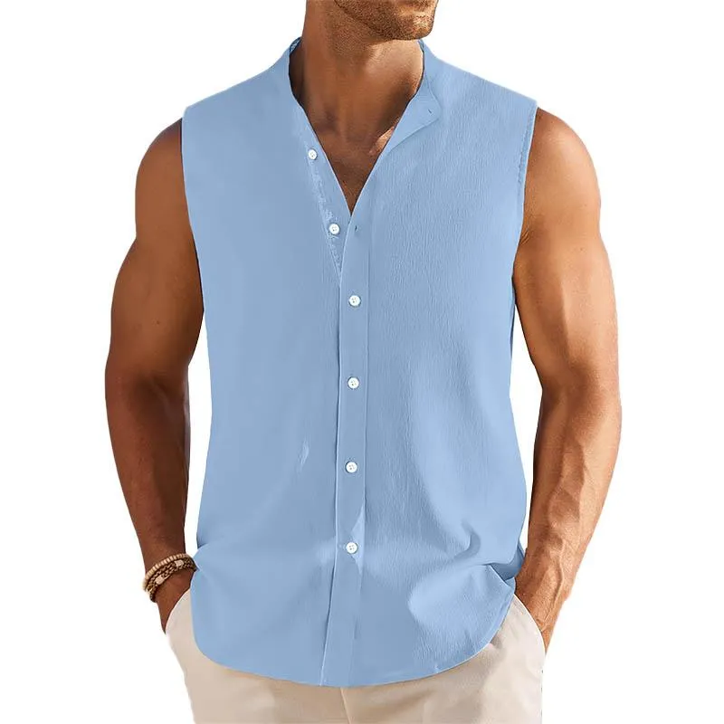 Men's Breathable Linen Lapel Beach Sleeveless Shirt 14895452YY