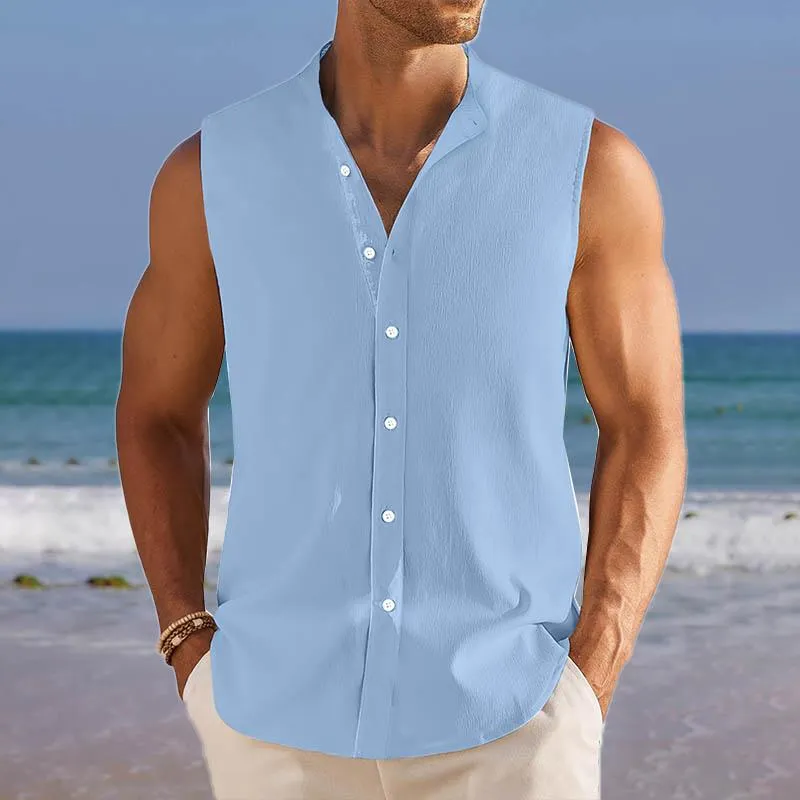 Men's Breathable Linen Lapel Beach Sleeveless Shirt 14895452YY