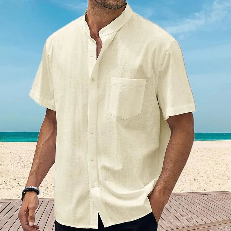 Men's Cotton and Linen Pocket Short Sleeve Shirt 45320039YY