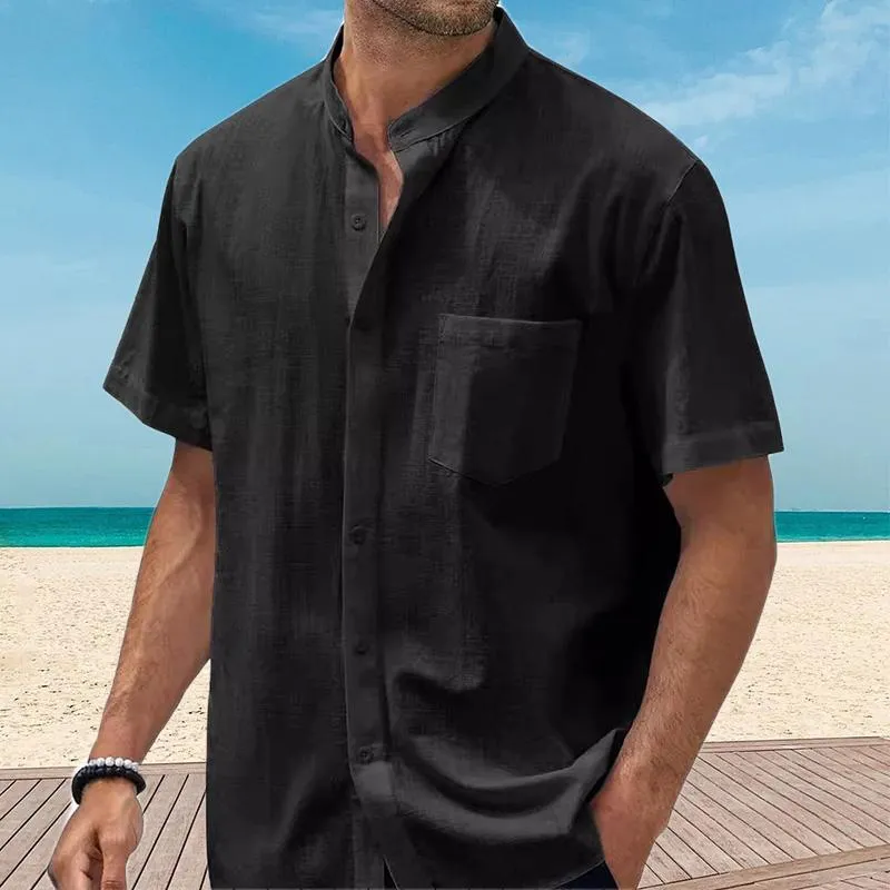 Men's Cotton and Linen Pocket Short Sleeve Shirt 45320039YY