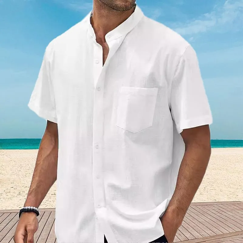 Men's Cotton and Linen Pocket Short Sleeve Shirt 45320039YY