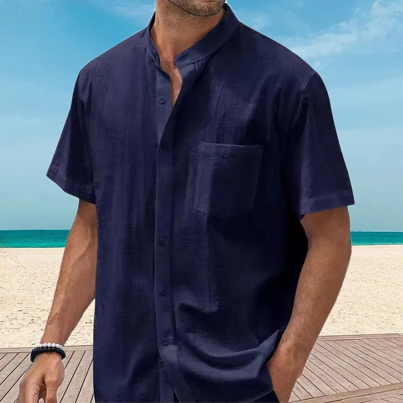 Men's Cotton and Linen Pocket Short Sleeve Shirt 45320039YY