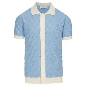 Men's Light Blue Textured Thin Breathable Polo Knitted Short-Sleeved Top