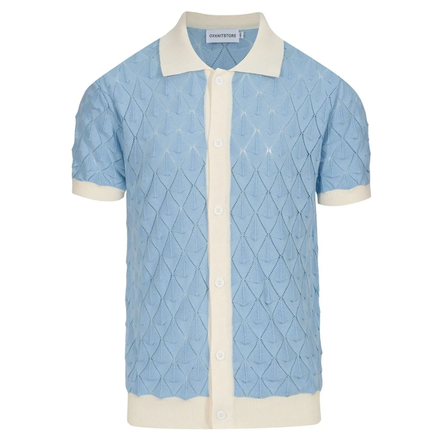 Men's Light Blue Textured Thin Breathable Polo Knitted Short-Sleeved Top