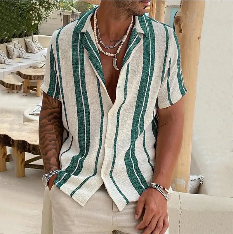 MEN'S STRIPED CARDIGAN WITH LAPEL AND SHORT SLEEVED SHIRT