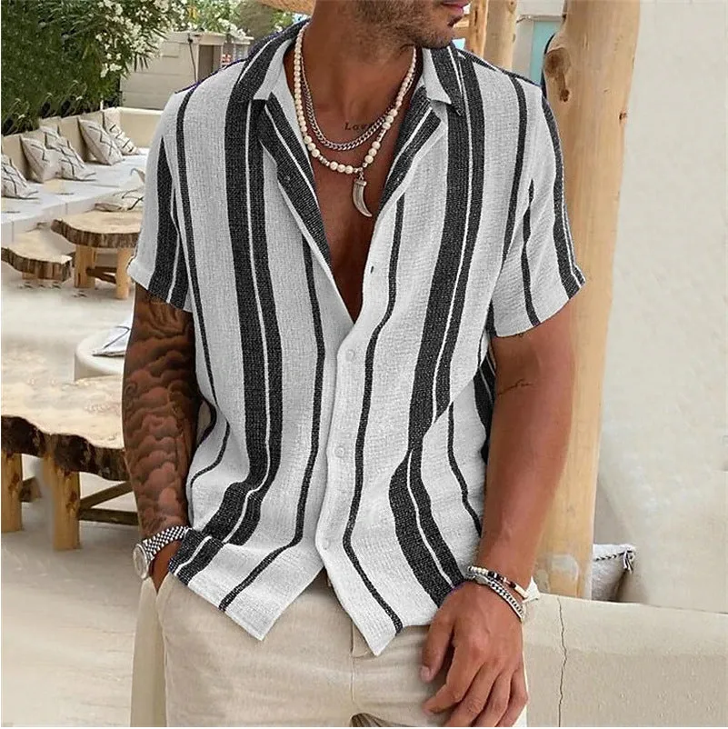 MEN'S STRIPED CARDIGAN WITH LAPEL AND SHORT SLEEVED SHIRT