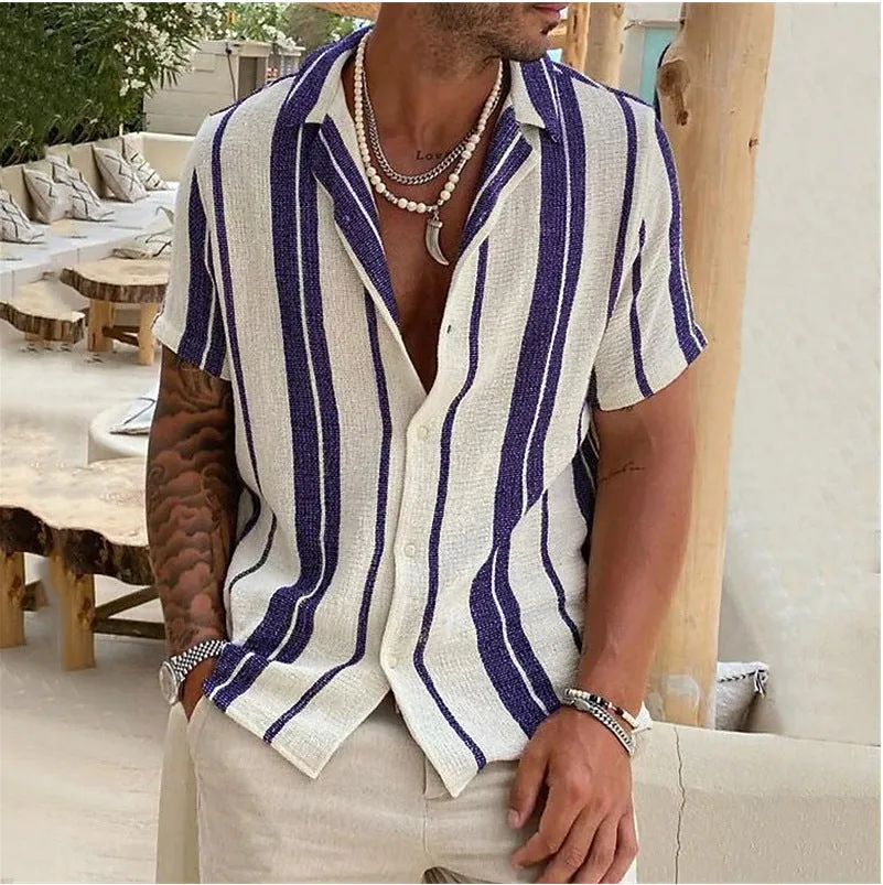 MEN'S STRIPED CARDIGAN WITH LAPEL AND SHORT SLEEVED SHIRT