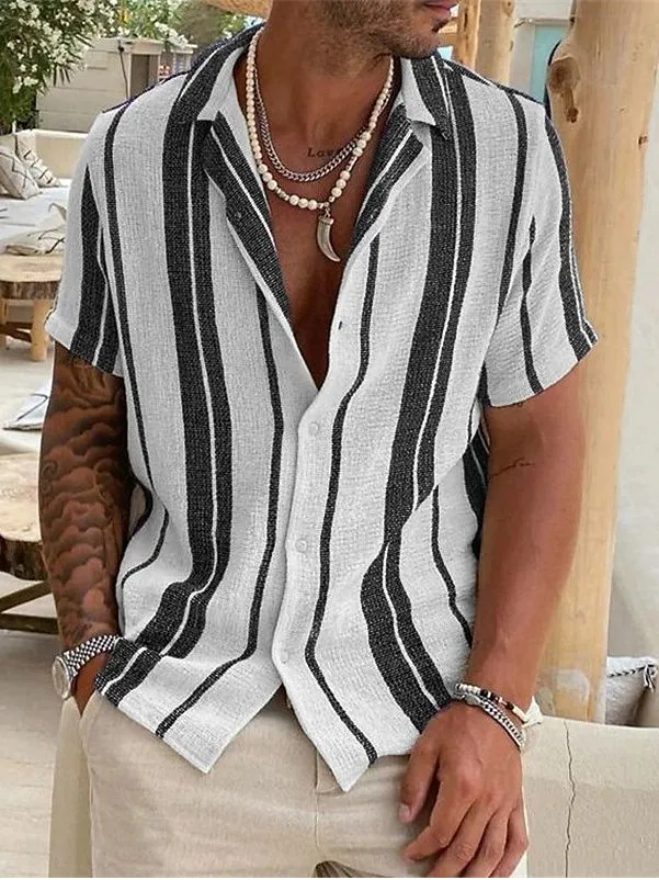 MEN'S STRIPED CARDIGAN WITH LAPEL AND SHORT SLEEVED SHIRT