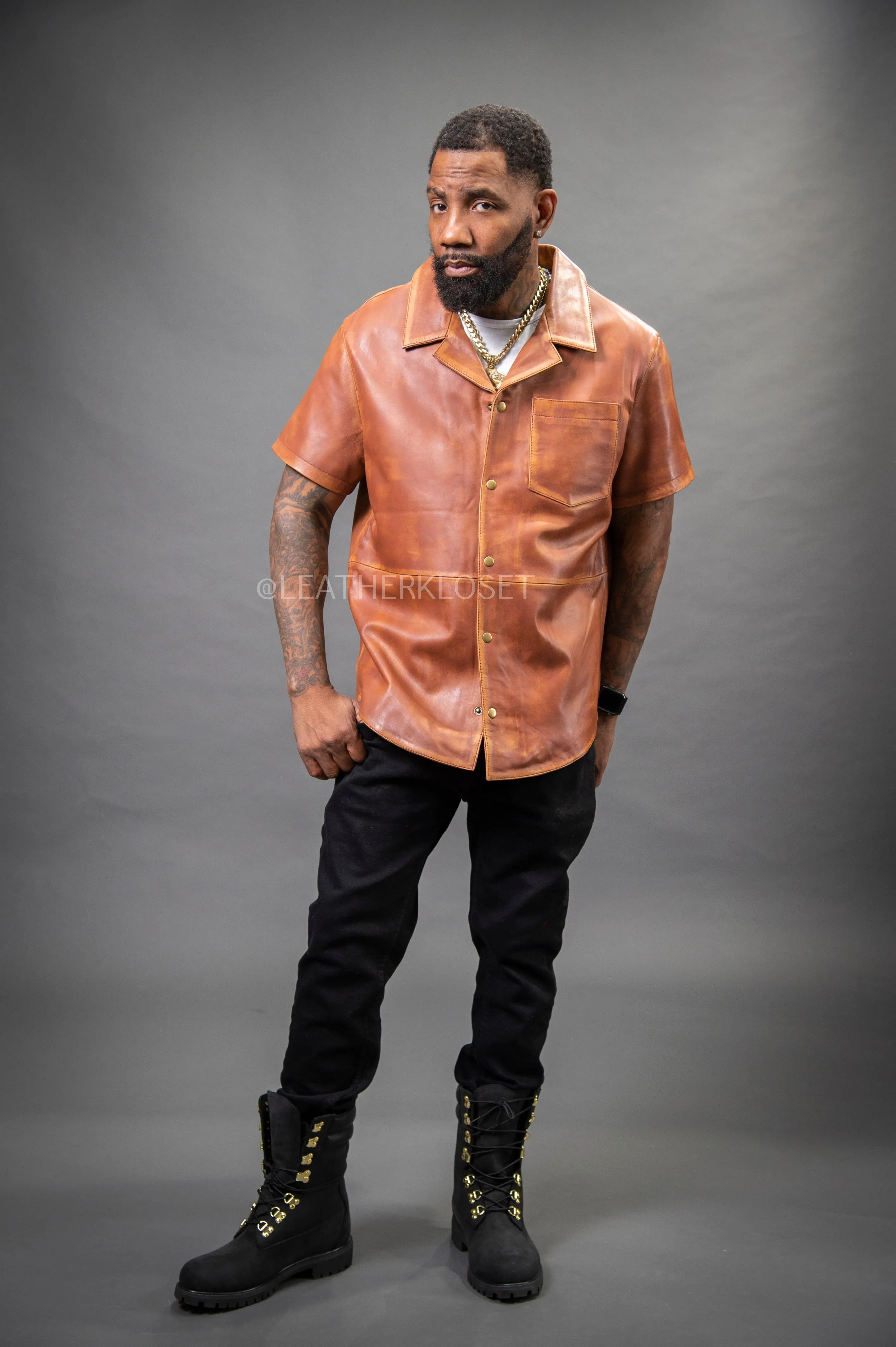 Men's Summer In Miami Luka Leather Short Sleeve Shirt [Caramel Crunch]