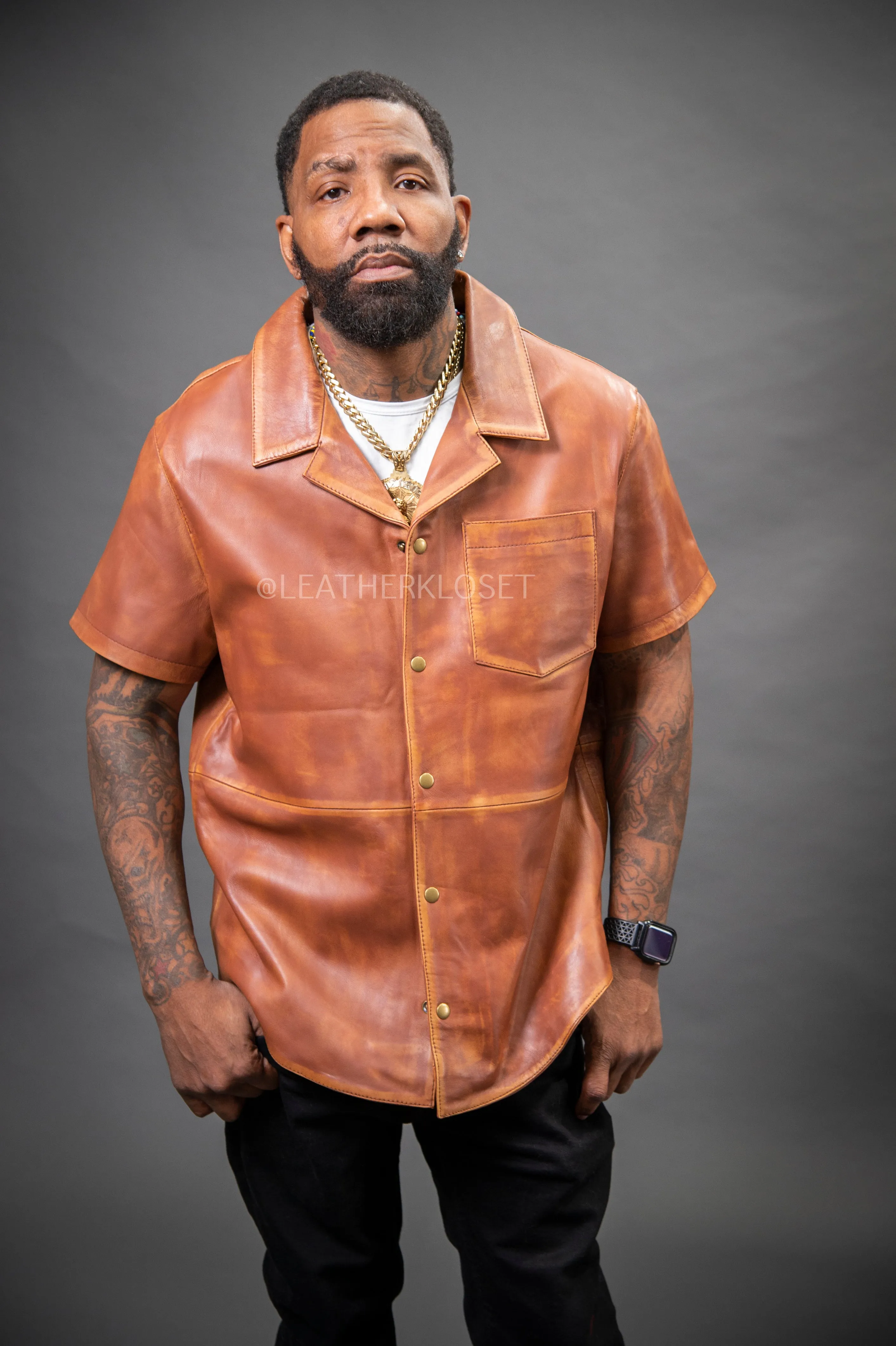 Men's Summer In Miami Luka Leather Short Sleeve Shirt [Caramel Crunch]