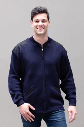 Men's Zipped Cardigan With Suede Patches - Navy