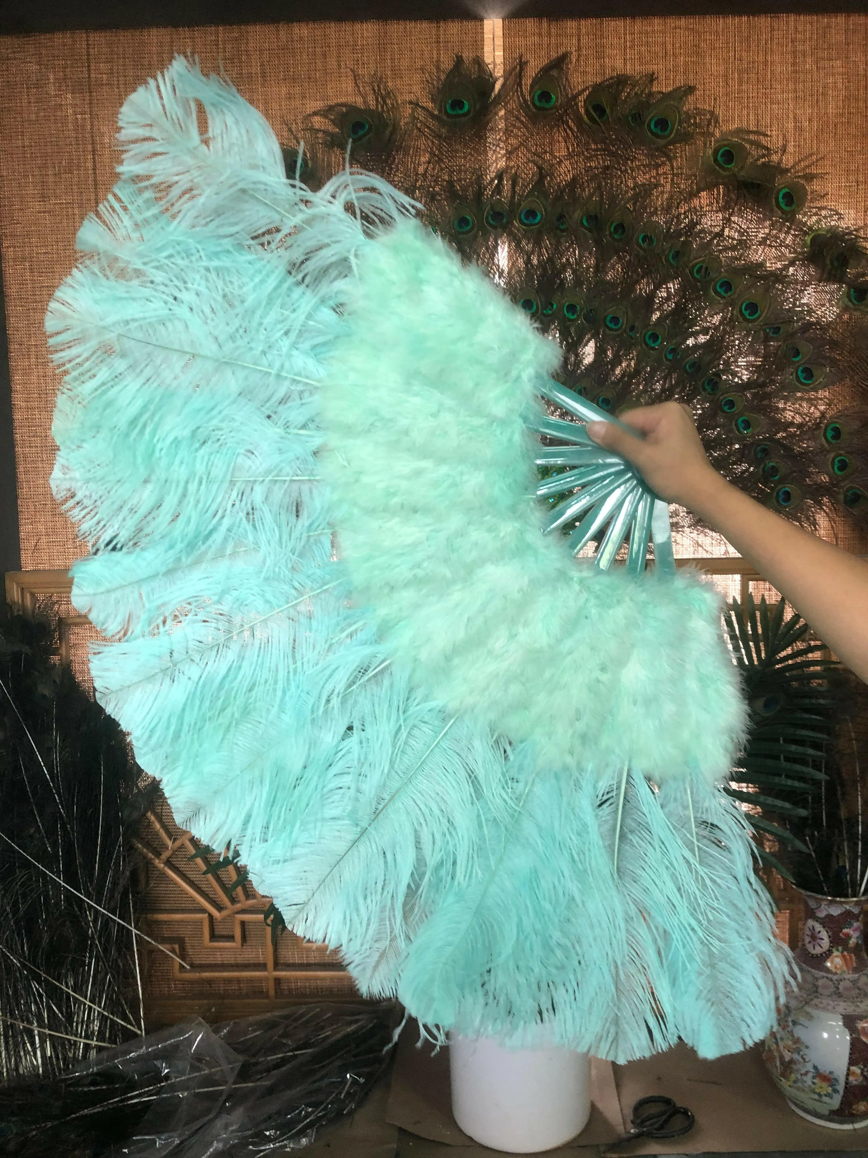 mint green Marabou Ostrich Feather fan 21"x 38"