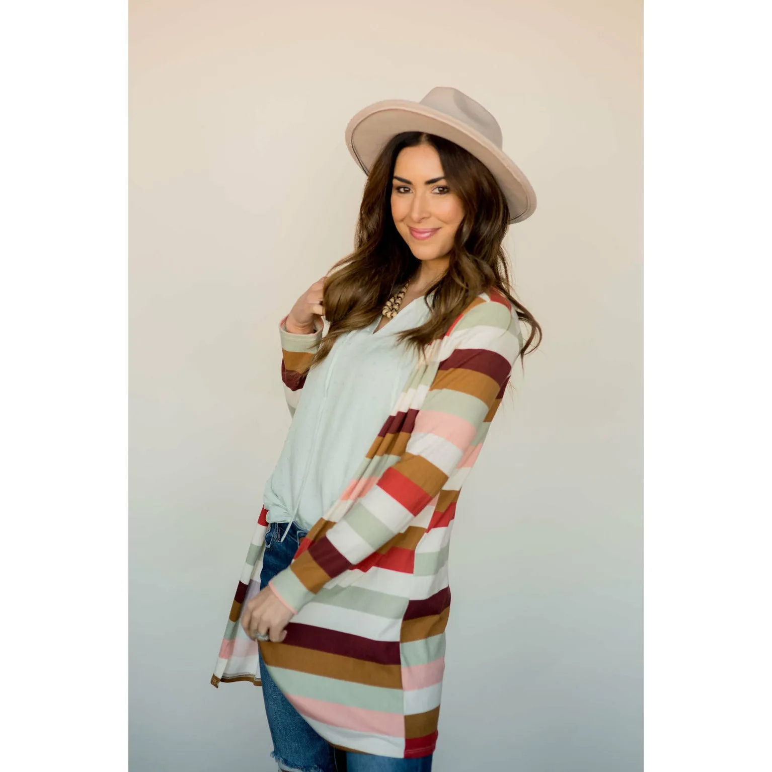 Muted Striped Tunic Cardigan