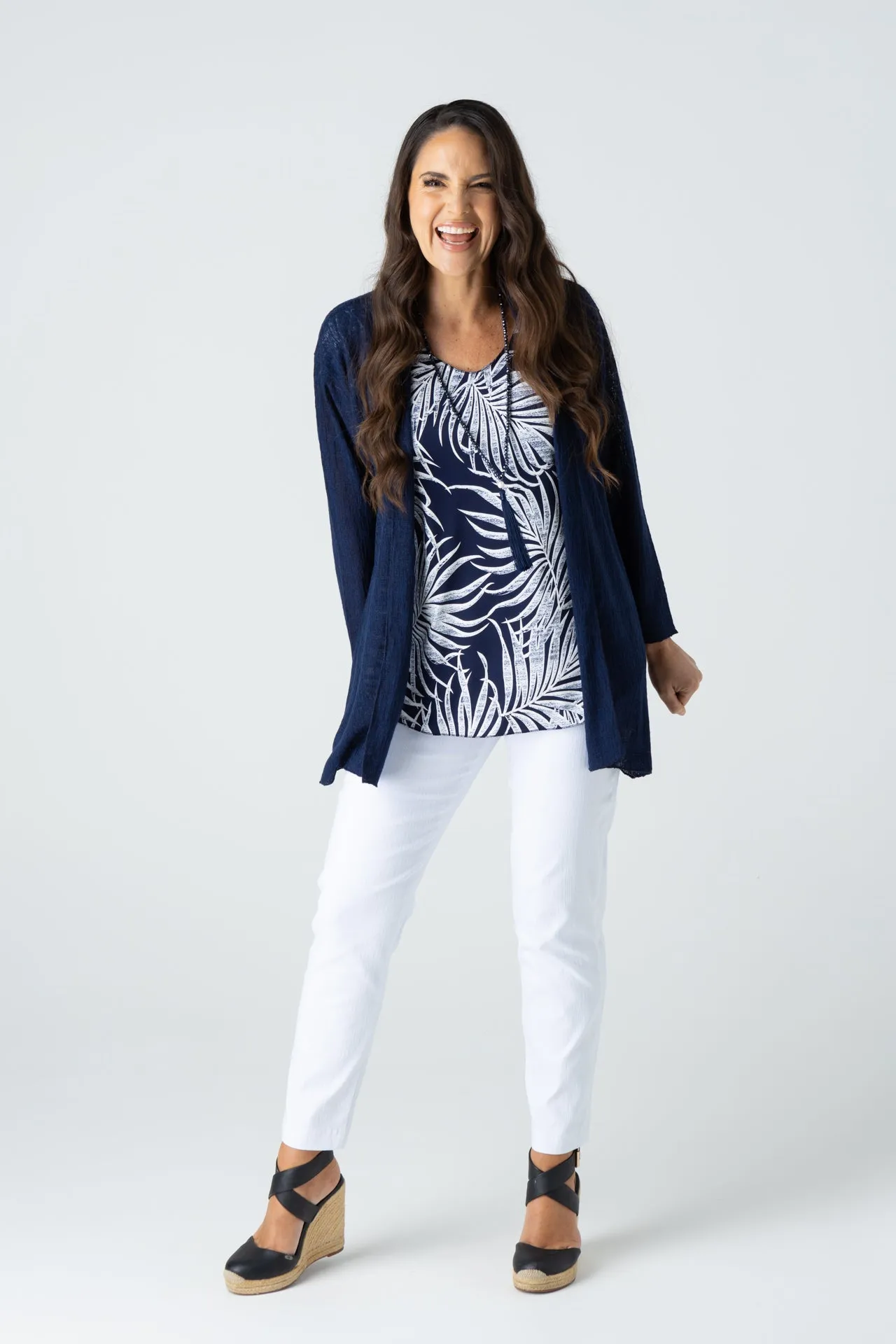 Navy Poly Rayon Long Sleeve Cardigan