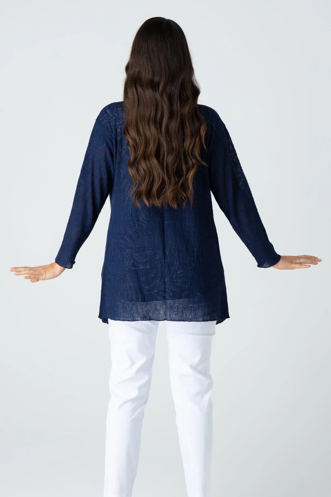 Navy Poly Rayon Long Sleeve Cardigan