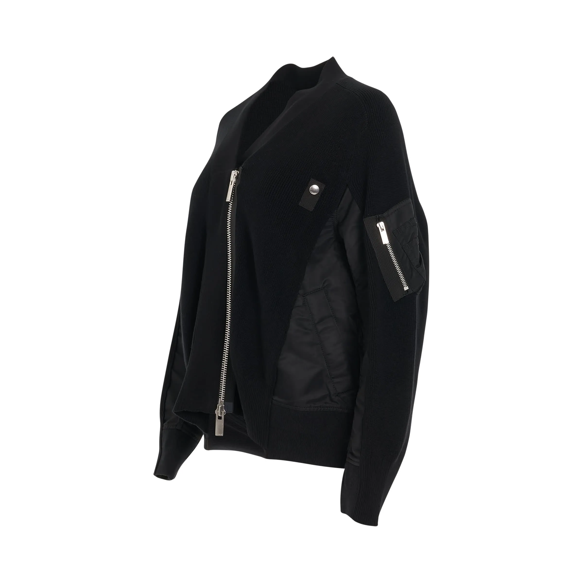 Nylon Twill x Cotton Knit Cardigan in Black