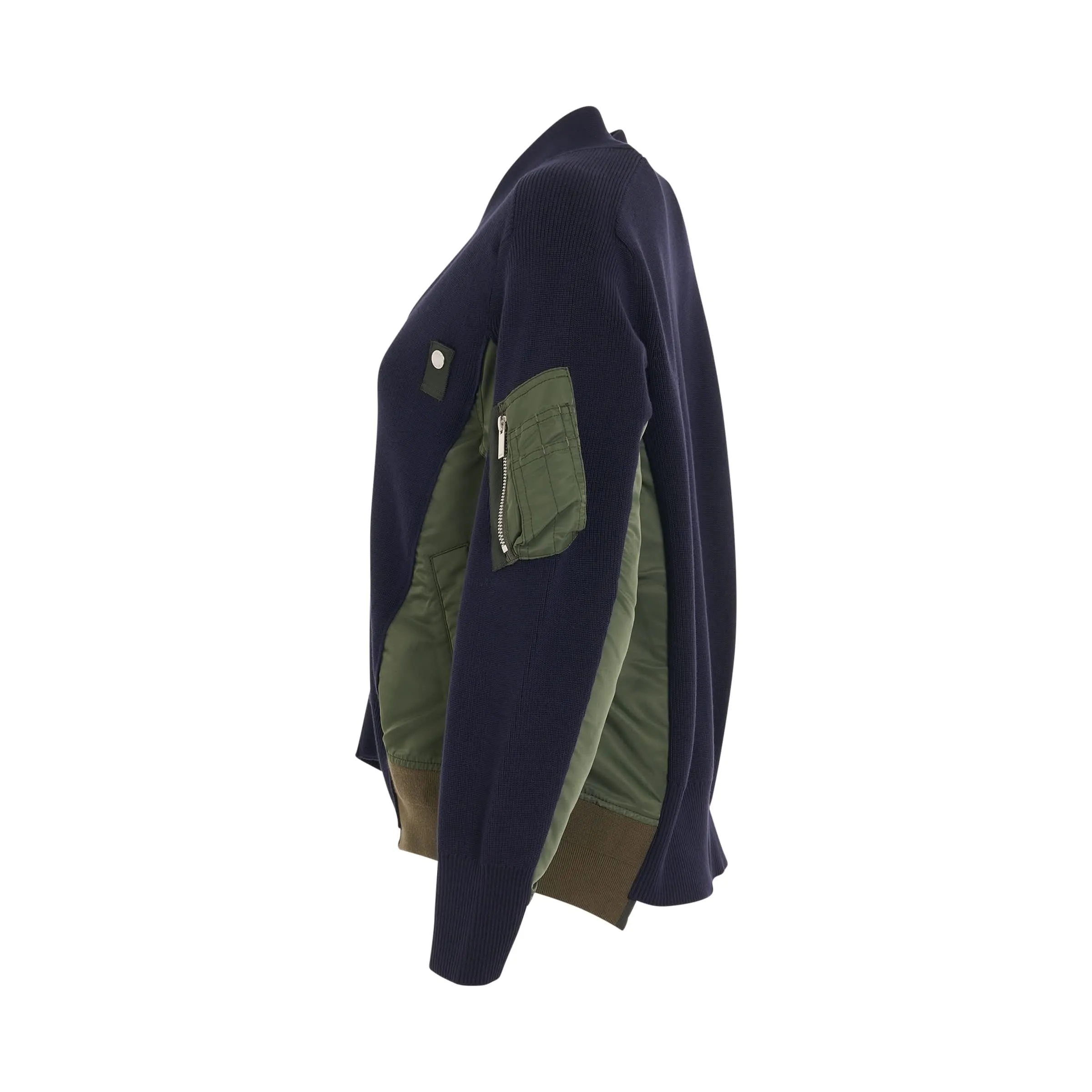 Nylon Twill x Cotton Knit Cardigan in Navy