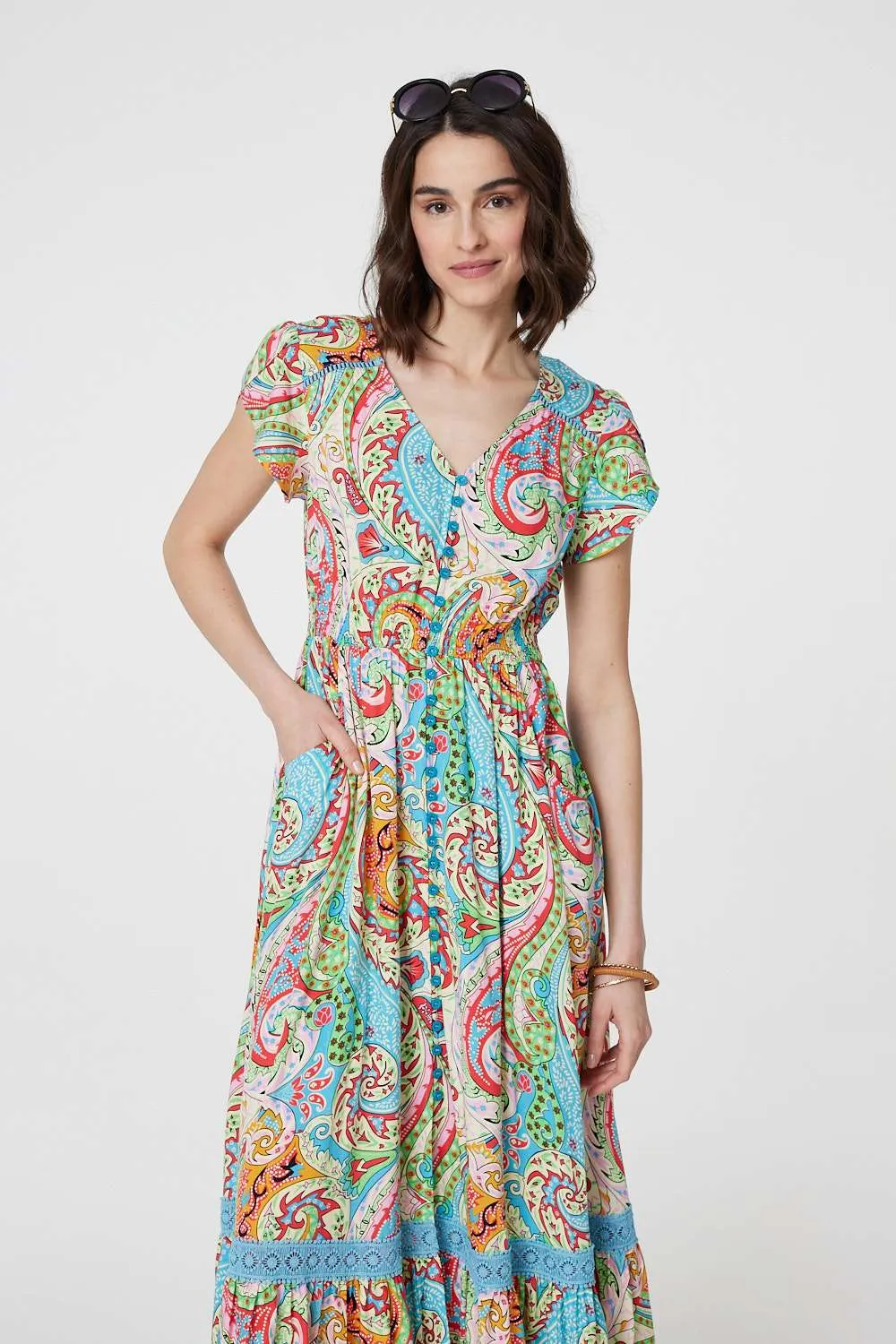 Paisley V-Neck Button Detail Maxi Dress