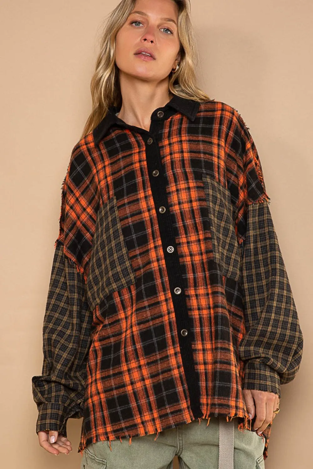 Patchwork Plaid Contrast Long Sleeve Shacket w/ Pockets