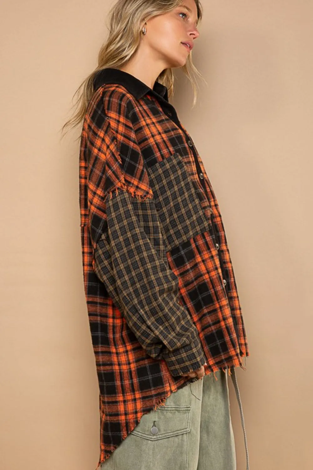 Patchwork Plaid Contrast Long Sleeve Shacket w/ Pockets