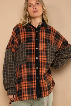 Patchwork Plaid Contrast Long Sleeve Shacket w/ Pockets