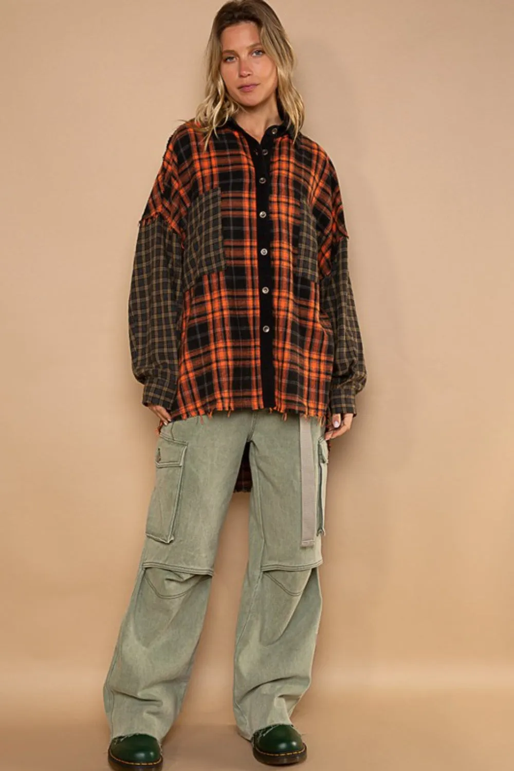 Patchwork Plaid Contrast Long Sleeve Shacket w/ Pockets