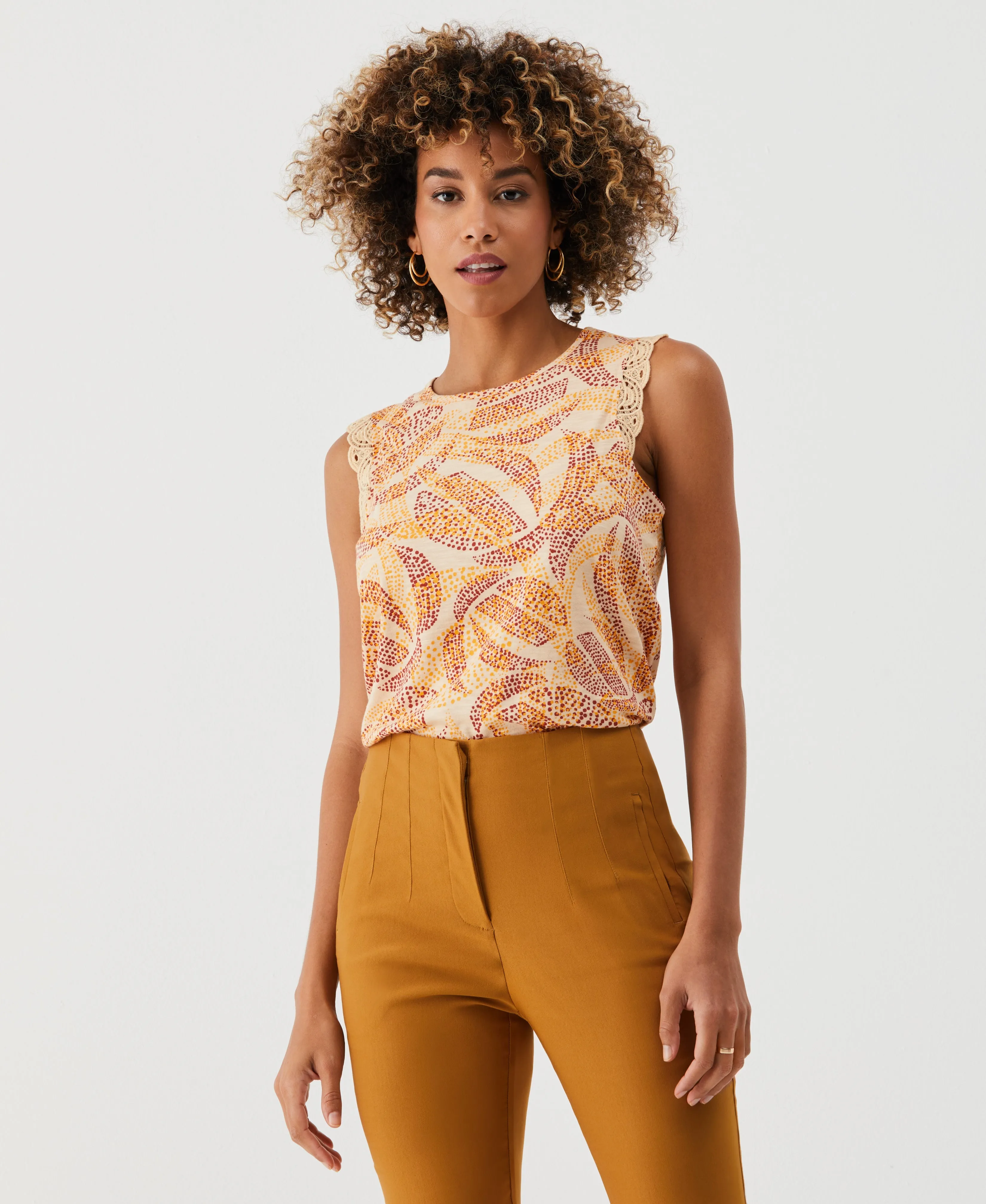 Petite Batik Print Lace Trim Top