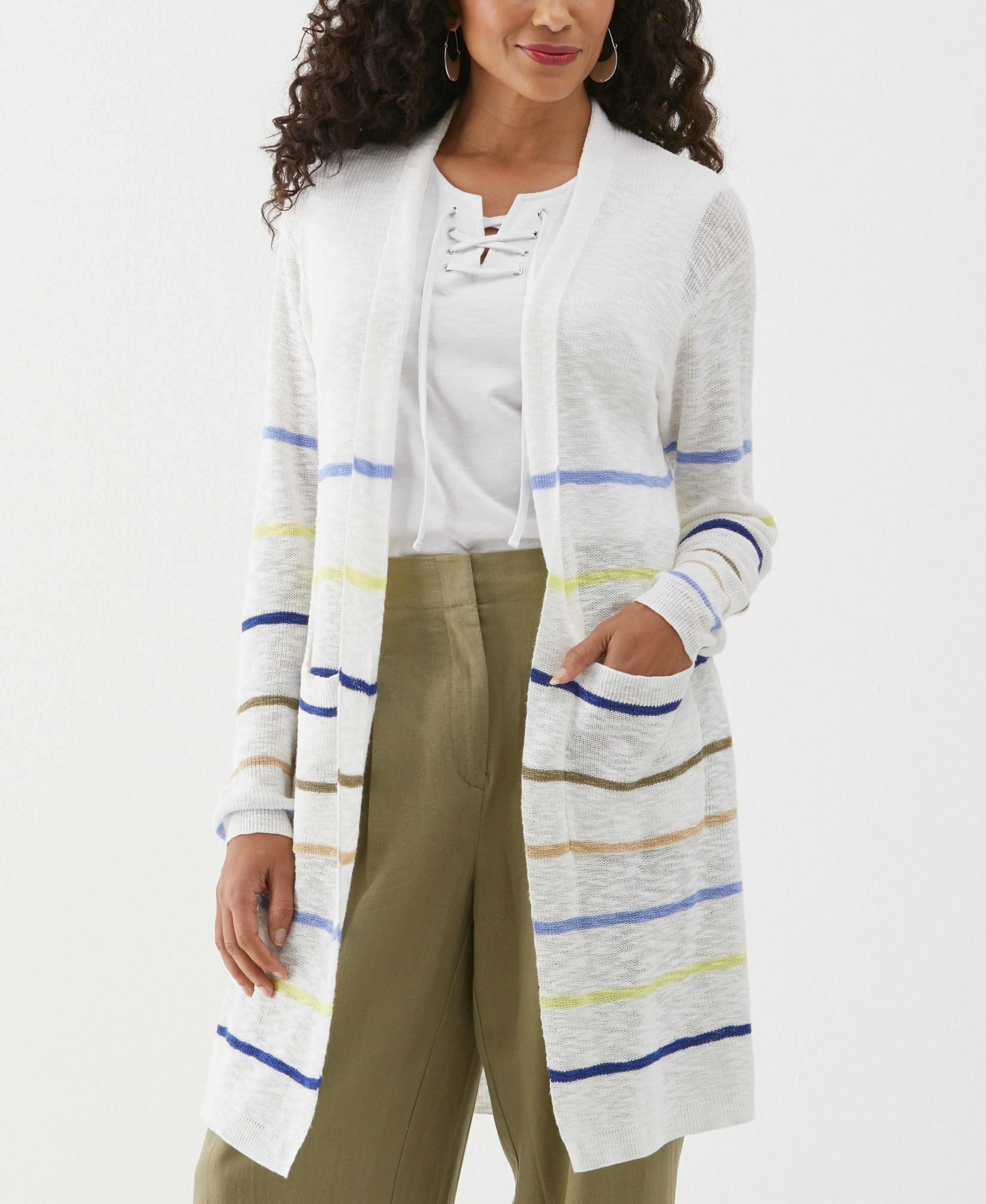 Petite Organic Cotton-Linen Blend Striped Duster Cardigan Sweater