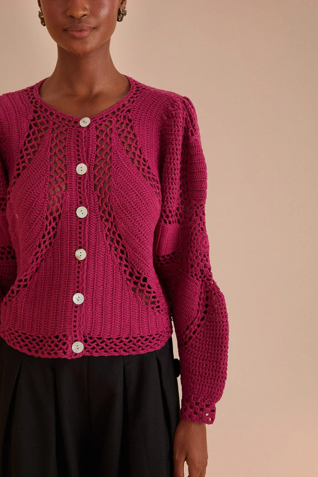 Pink Flower Draw Crochet Cardigan