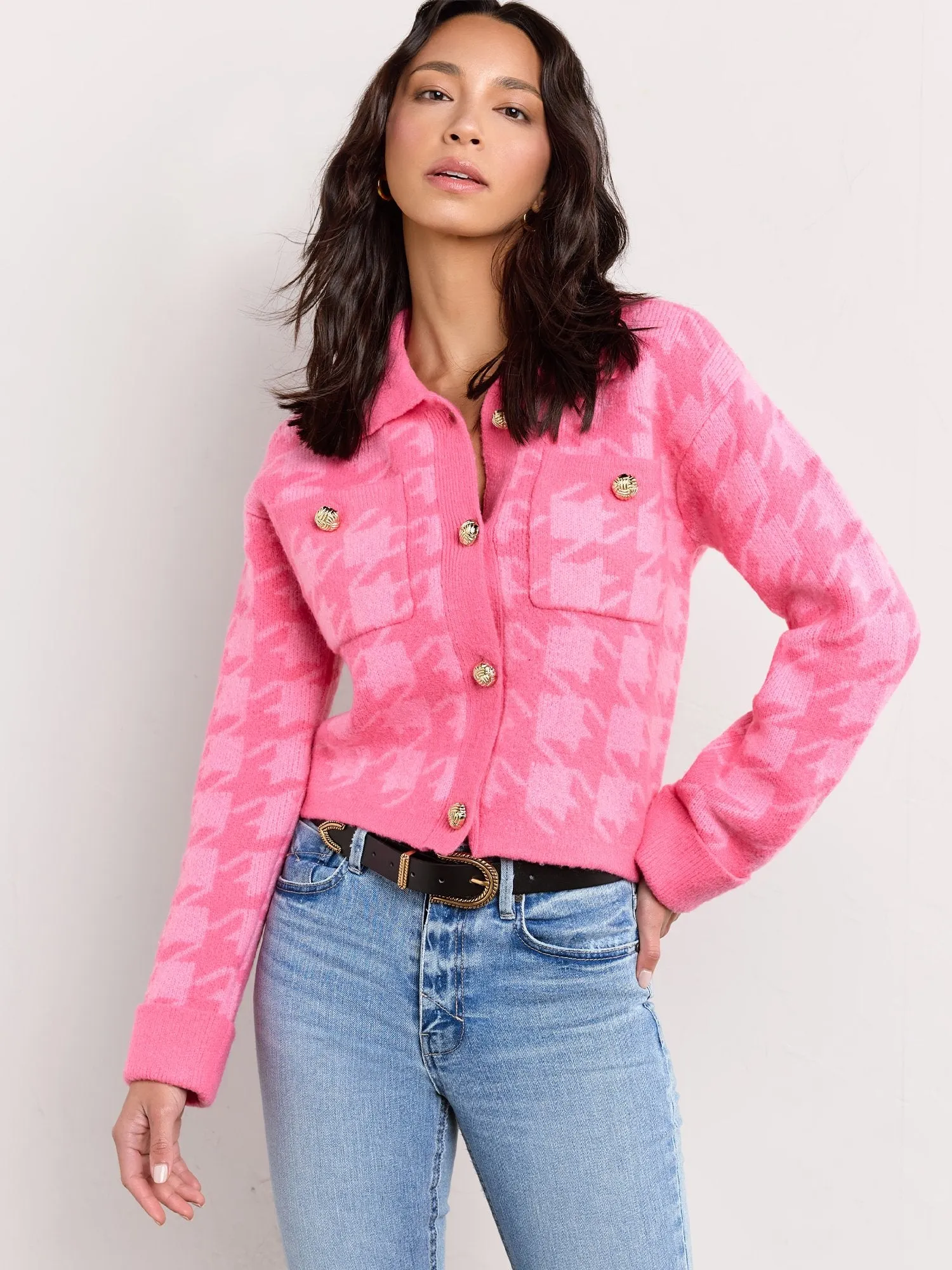 Pink Houndstooth Cropped Cardigan - English Factory