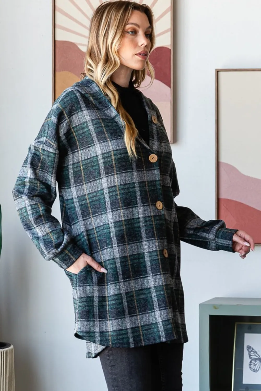 Plaid Button Down Long Sleeve Hooded Cardigan