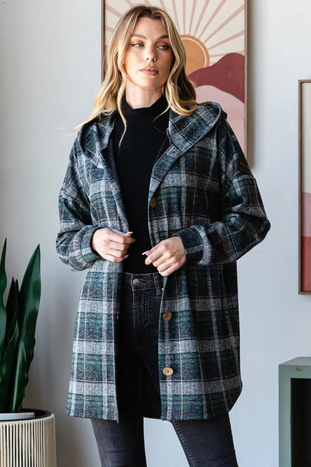 Plaid Button Down Long Sleeve Hooded Cardigan